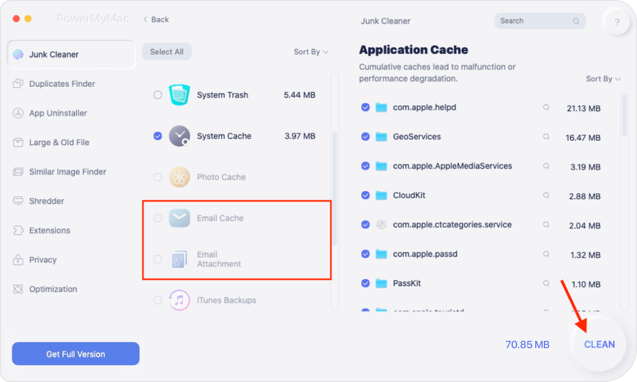 Choose Email Cache and Email Attachments to Delete