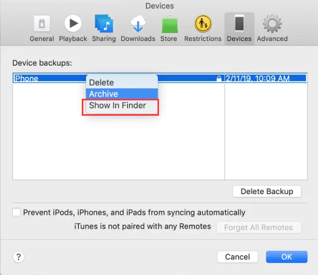 Locate iPhone Backup in iTunes