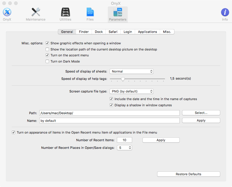 Onyx For Mac Parameters