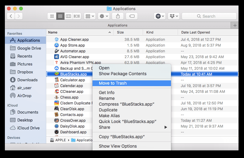 Move BlueStacks App to Trash